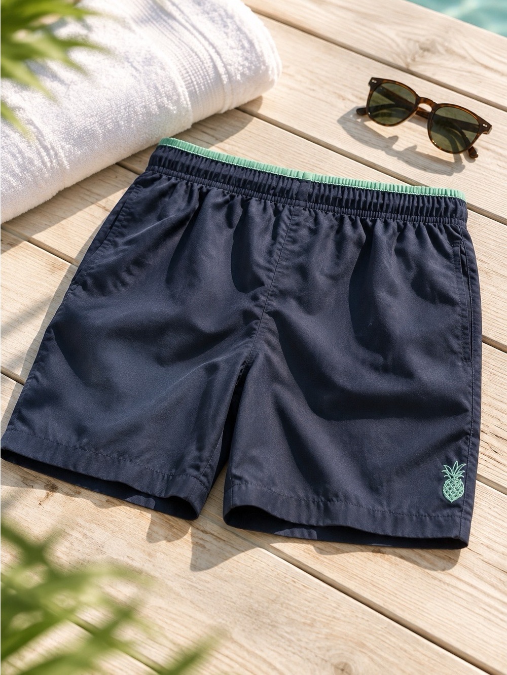 Men's Navy Swim Trunks with Mint Trim and Pineapple Accent